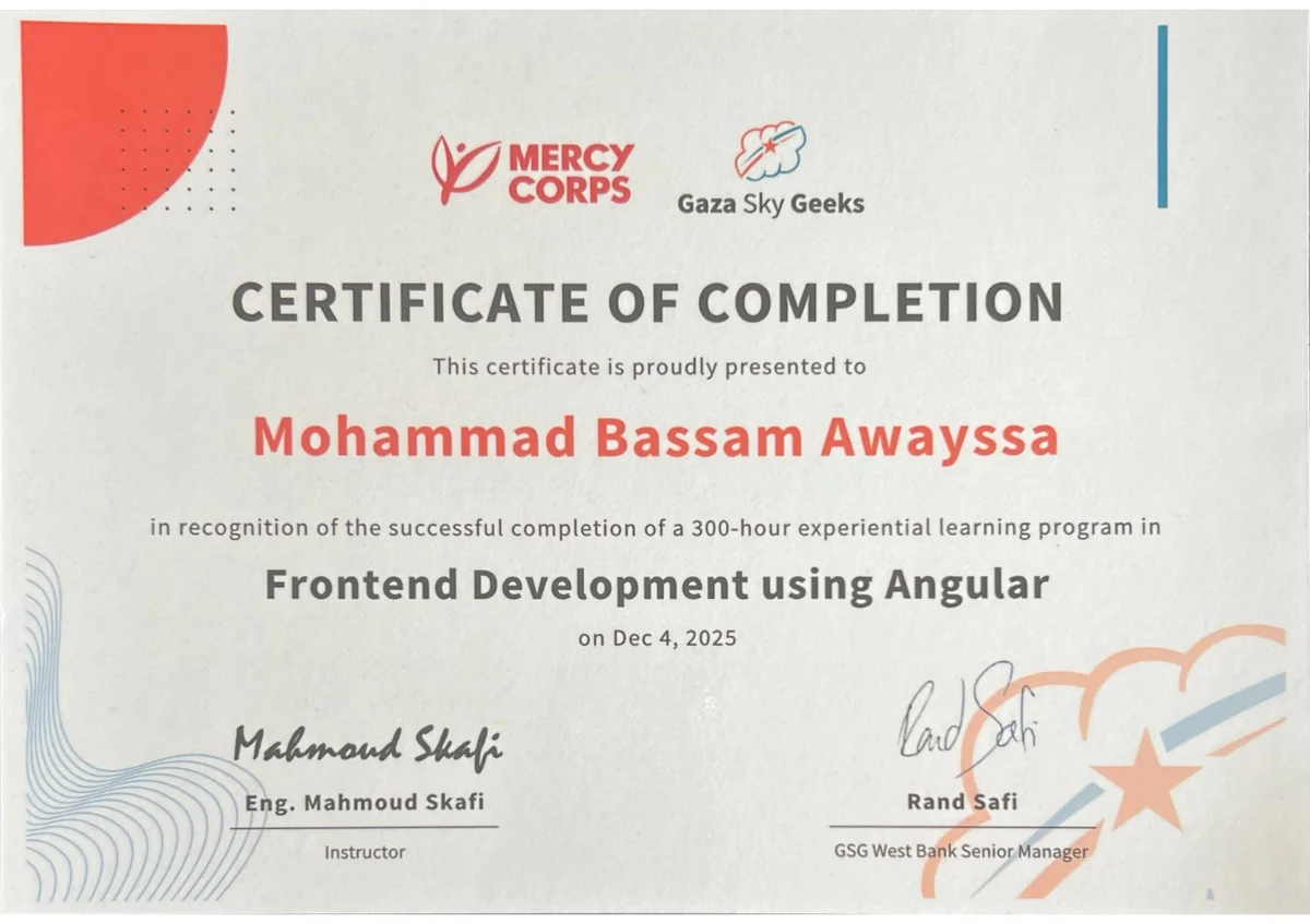 Certificate for Mohammad Bassam Awayssa: Frontend Development using Angular, 300 hours, completed 4 December 2025.