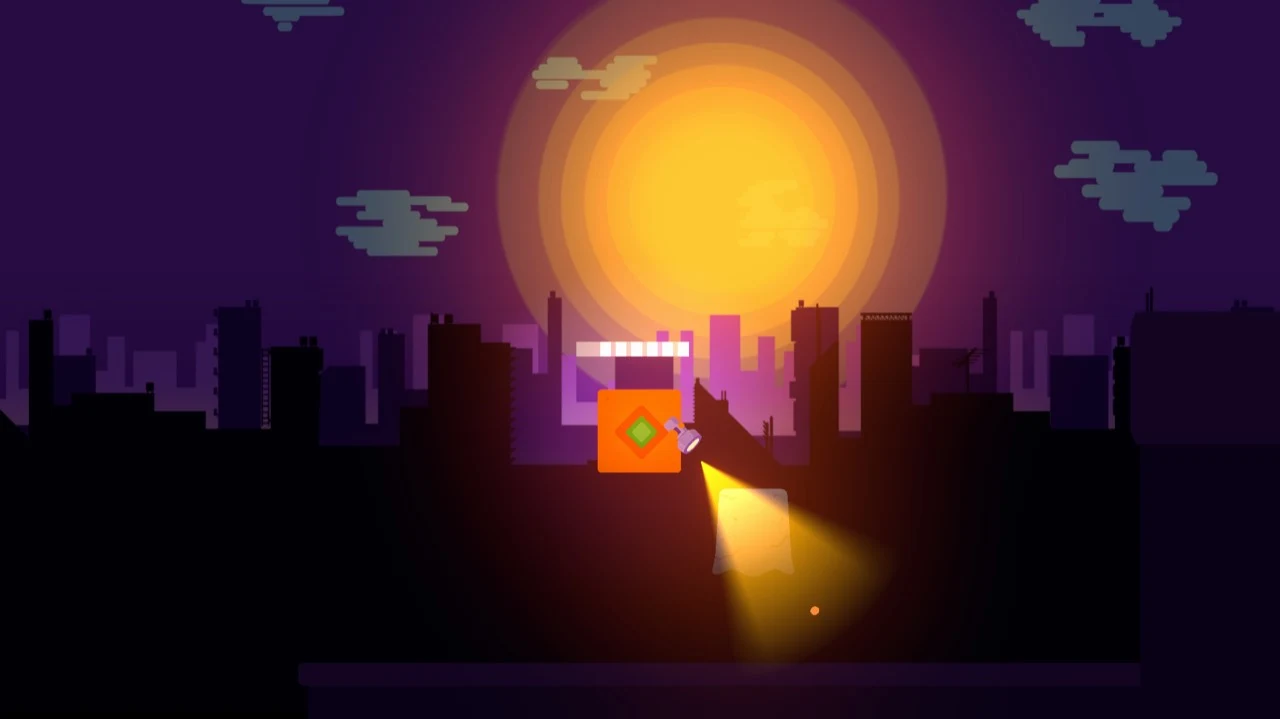 Let it Glow: the orange character shines a light down onto an object while jumping above a rooftop.